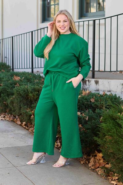 Double Take Textured Long Sleeve Top and Drawstring Wide Leg Pants Set