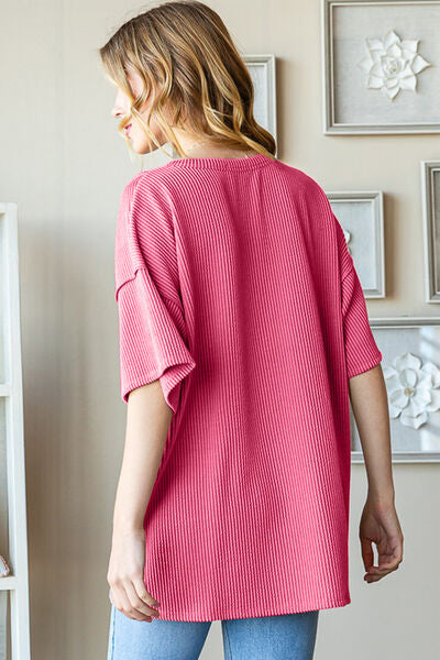 Heimish Relaxed Fit Ribbed Half Button Drop Shoulder Top