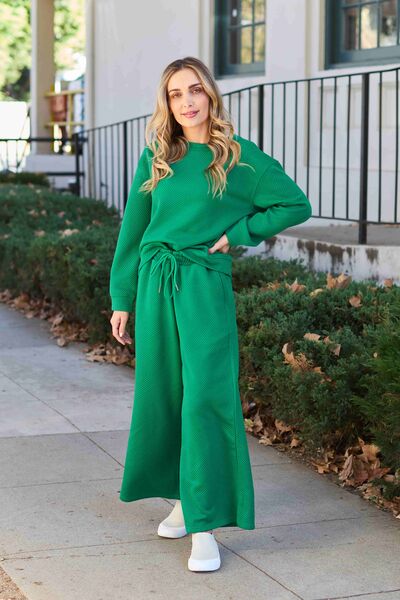 Double Take Textured Long Sleeve Top and Drawstring Wide Leg Pants Set