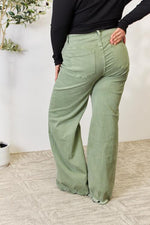 Load image into Gallery viewer, RISEN Sage Green Raw Hem Wide-Leg Jeans
