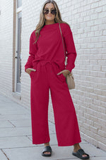 Load image into Gallery viewer, Double Take Textured Long Sleeve Top and Drawstring Wide Leg Pants Set
