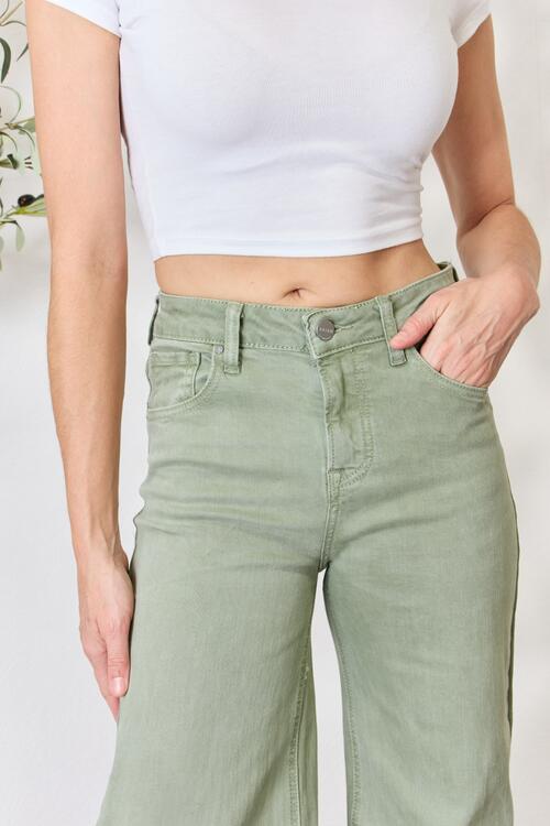 RISEN Sage Green Raw Hem Wide-Leg Jeans