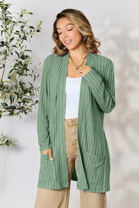 Basic Bae Ribbed Open Front Cardigan with Pockets