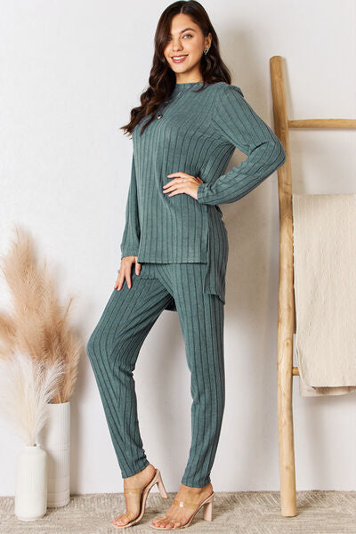 Basic Bae Ribbed Round Neck High-Low Tunic and Pants Set