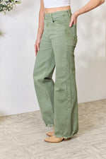 Load image into Gallery viewer, RISEN Sage Green Raw Hem Wide-Leg Jeans

