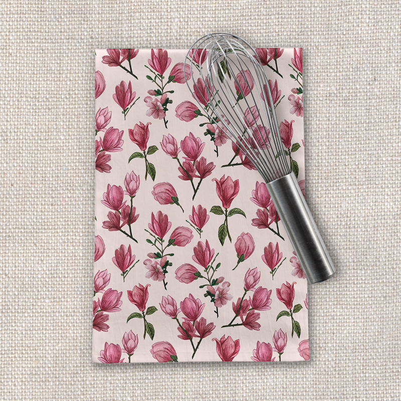 Pink Magnolia Blossoms Tea Towel